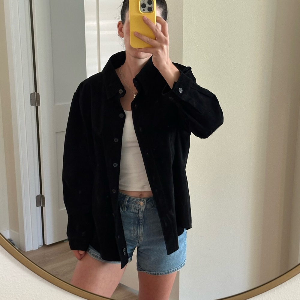 Vintage Suede Leather Button Up Jacket in‎ Black